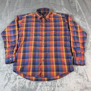 Vintage Gitman Bros Plaid Flannel Sirt Mens Medium Blue Orange Button Down
